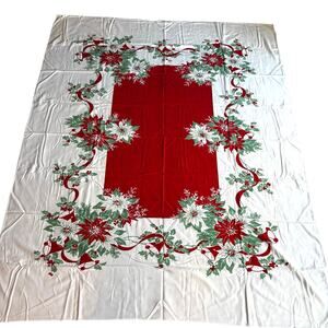Vintage mid century Christmas tablecloth cotton print rectangle red white FLAWS